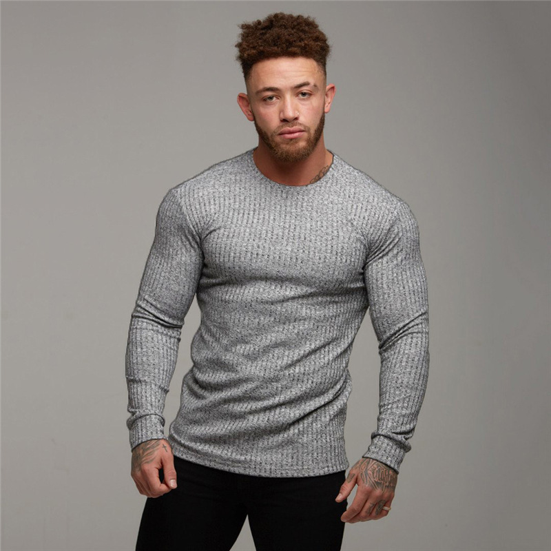 Cross-border Autumn and Winter New Sports Base Shirt Men's Fitness Casual Men's Slim-fit Knitted Shirt Long-sleeved T-shirt for Men