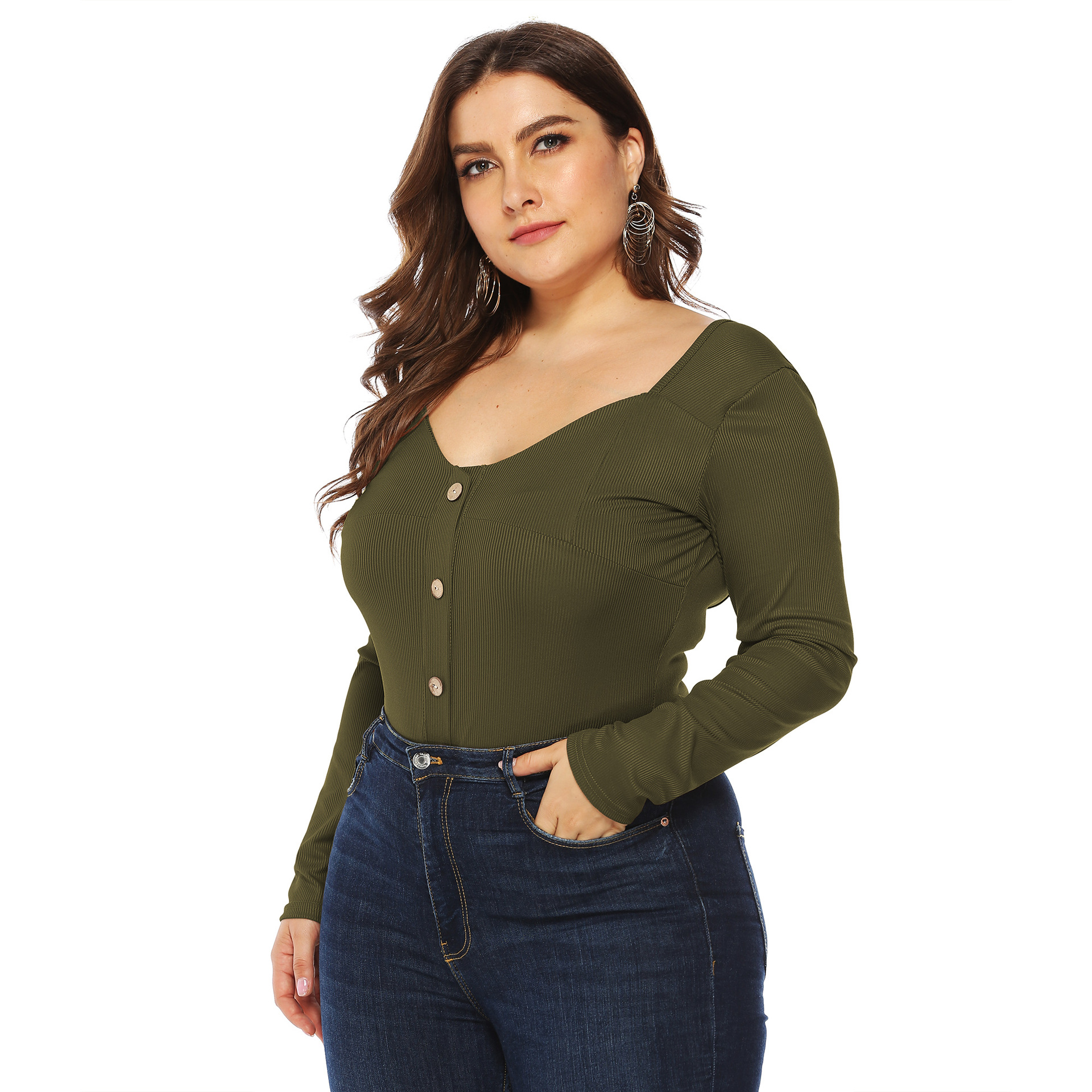 Plus size V-neck button front bodysuit NSOY46001