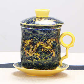 景德镇陶瓷茶具青花瓷个人水杯 四件杯子带盖过滤办公会议泡茶杯