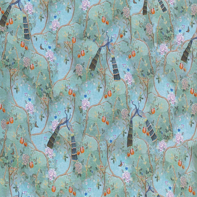 加工定制 时尚流行花型 数码活性直喷印花厂 孔雀树枝图 KH5556