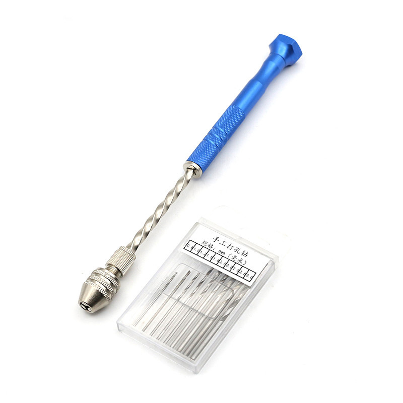 Modelo avión DIY azul alargado semiautomático mano giro taladro con 0,8-3,0mm taladro 10 unidades traje