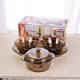 康馥系列玻璃碗煲锅家用厨房茶咖啡色碗五5件套高档促销礼品套装