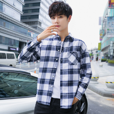 新款格子衬衫男生休闲长袖衬衣韩版潮流春秋季百搭男式衬衣外套男|ru