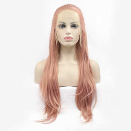 欧美化纤假发女 玫瑰金大波浪手工鱼骨辫 前蕾丝头套发套一件代发