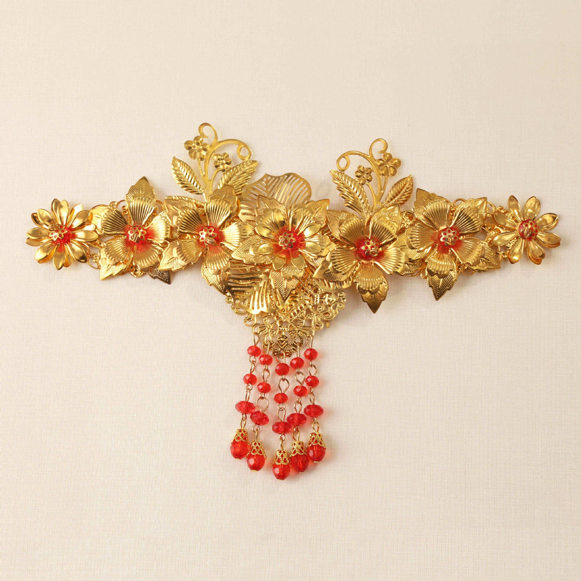 新款复古头饰中式秀禾服华丽新娘头饰红色流苏凤冠婚礼古装发饰