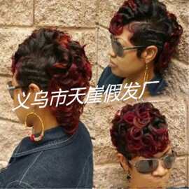2018新款欧美染色短卷发 化纤高温丝非洲黑人女士长卷发 一件代发