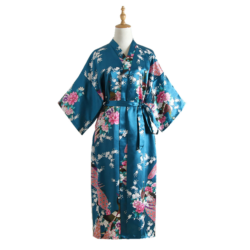 Comercio exterior transfronterizo de pavo real largo tamaño libre camisón seda artificial verano solo kimono japonés bata abierta