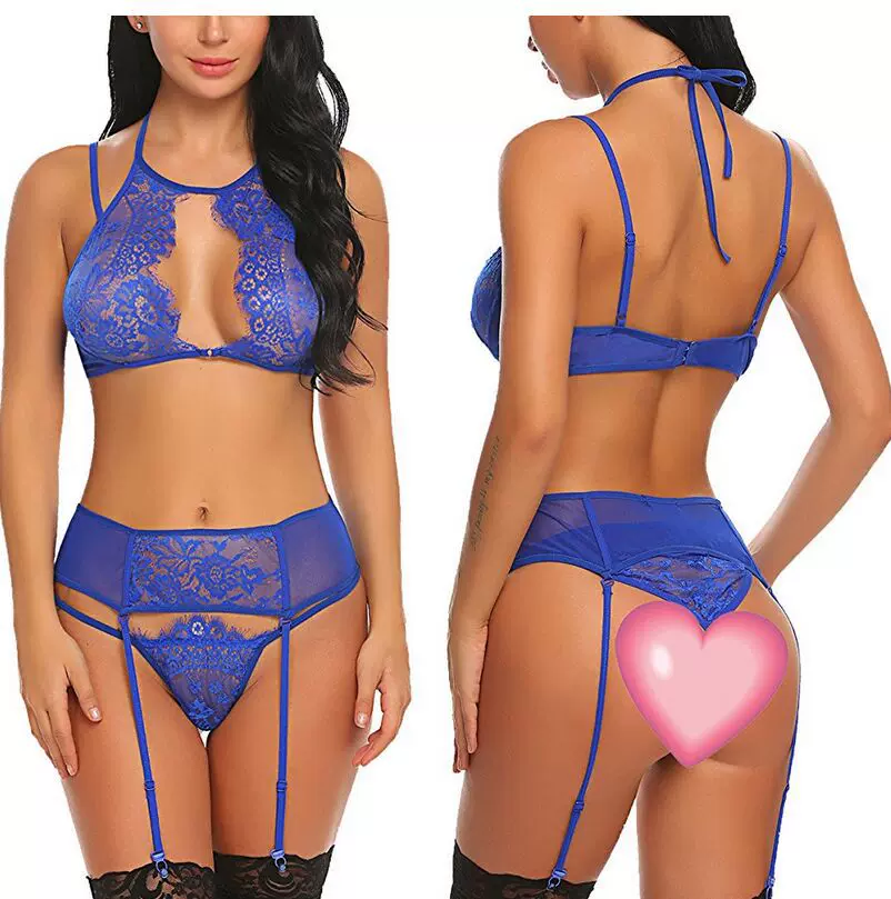 欧美外贸款三点式蕾丝镂空情趣内衣性感情趣睡衣一件代发