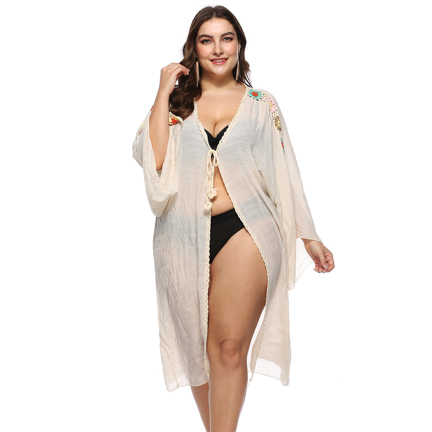 plus size lace-up long-sleeved cardigan NSOY51856