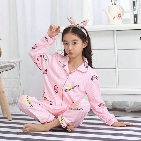 儿童睡衣男女孩春秋季长袖棉料水果多花开衫套装儿童家居服|ms