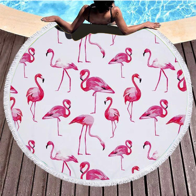 廠家直銷圓形印花沙灘巾超細纖維材料沙灘墊火烈鳥圖案可定制LOGO