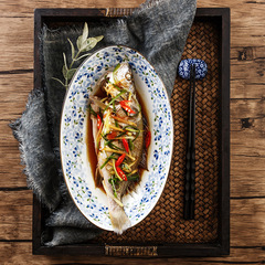 日本進口小藍芽系列陶瓷盤子 日式橢圓魚盤 釉下彩餐具家用陶瓷盤