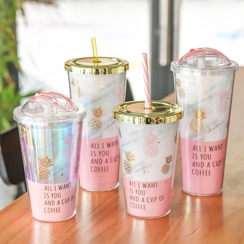 pineapple Gilding Plastic cups transparent pink straw Water cup Slide double-deck Drinks Juice Cup