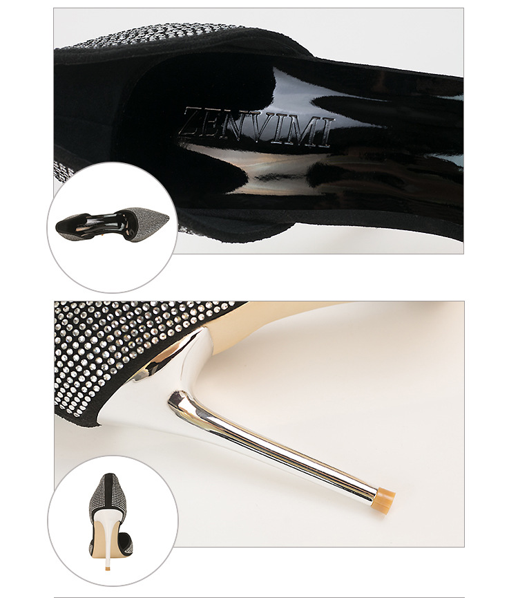 Chaussures à talons hauts super hauts élégantes et élégantes à bout peu profond et pointu avec strass brillants creux pour femmes_voghion.com