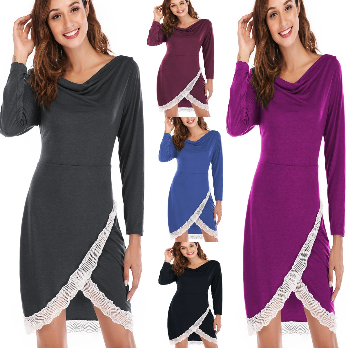 2023 Amazon Новое платье Взрывы 9 цветов Многоразмерное кружевное однотонное платье с длинным рукавом