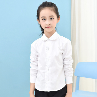 儿童衬衫白色长袖纯棉花边圆领春秋百搭中大童小学生校服女童衬衣|ru