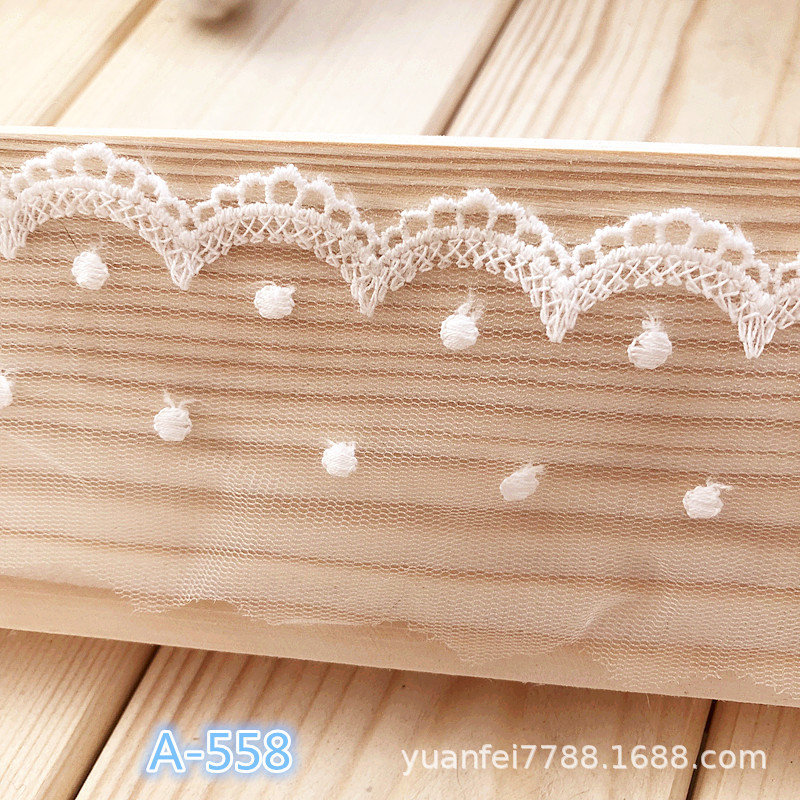 A-558透明网波圆点刺绣蕾丝花边现货服装辅料6.5cm毛巾绣花加工