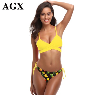 2018新款歐美分體比基尼碎花系帶泳衣亞馬遜泳裝吾皇 廠家直銷