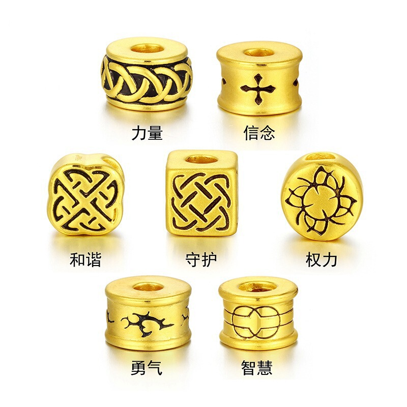 Gold Plated 3D Hard Gold Strength Wisdom Guarding Courage Faith Lucky Tattoo Leather Rope Bracelet Pendant Turning Beads