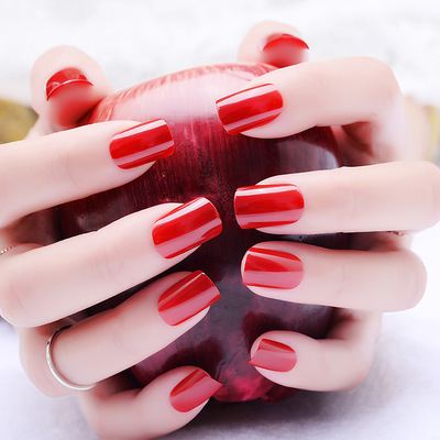 纯色甲片红色短款平头喷UV封层光泽饱满 24片假指甲贴片美甲成品|ms