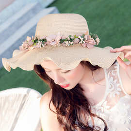 帽子女夏季防晒花朵大沿帽海边度假草帽可折叠波西米亚大檐遮阳帽