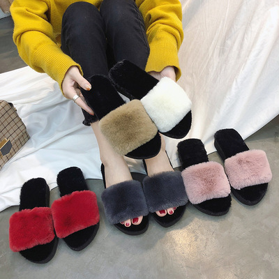 新款韩版坡跟厚底毛毛拖鞋女秋冬网红时尚外穿保暖一字拖居家棉鞋|ru