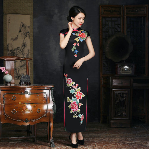 fuchsia turquoise flowers chinese dresses retro cheongsam qipao dress etiquette performance during long Chinese Qipao