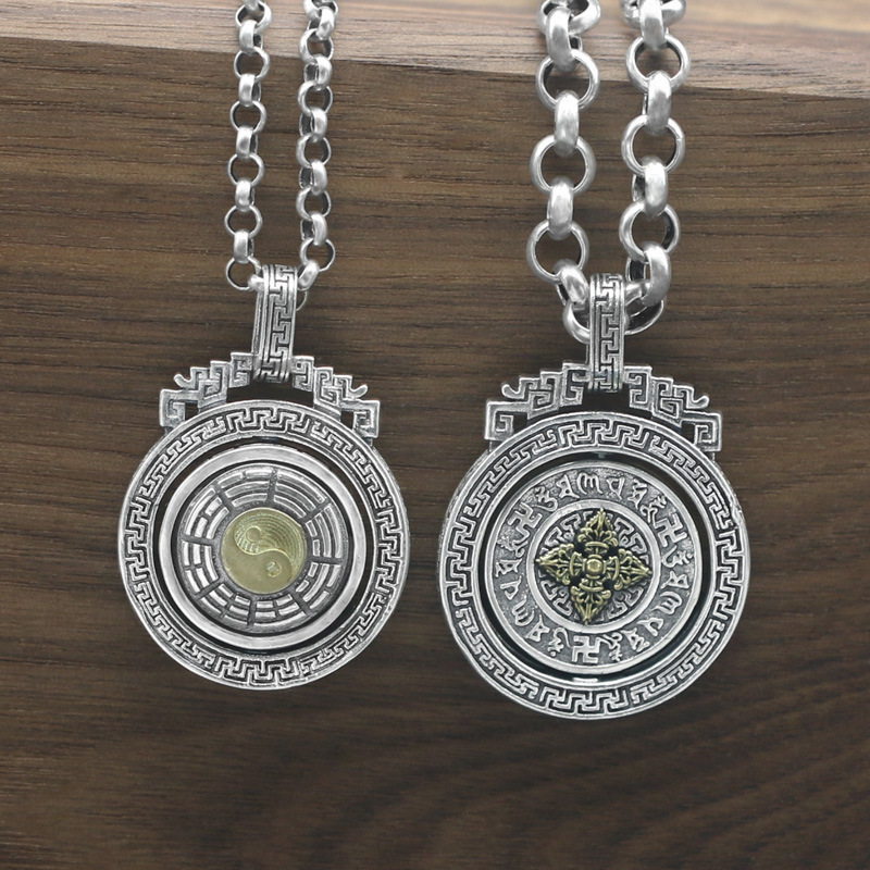 925纯银饰品 个性道家太极八卦转动吊坠 福字九宫八卦牌车挂 护身