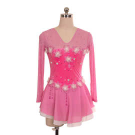 定制儿童成人花样滑冰服女童表演服装比赛考级裙粉丝绒钻花白粉色