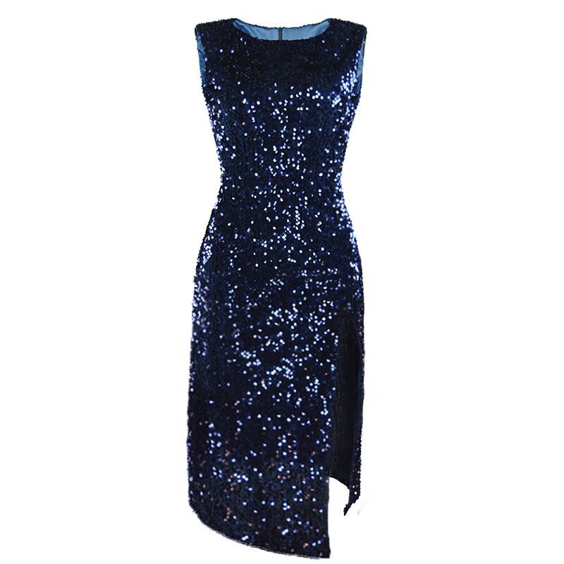 Sleeveless Crew Neck All Over Sequin Midi Dress, Velvet Base High Side Split Asymmetrical Hem Bodycon Cocktail Party Dress 4 Colors_ecoleips.com