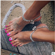 歐美流蘇飾品波西米亞朋克復古風金屬重工 圓片鈴鐺腳鏈沙灘鏈