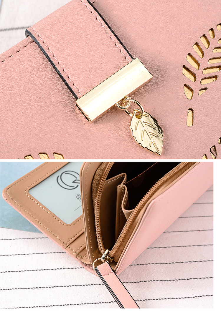 Leaves, Solid Color Pattern All Seasons Season Women's Leaves Solid Color Pu Leather Hollow Zipper Buckle Wallets