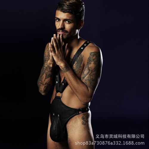 European and American men's sexy underwear, imitation leather, patent leather, nightclub, bar, muscle macho uniform style sexy jumpsuit