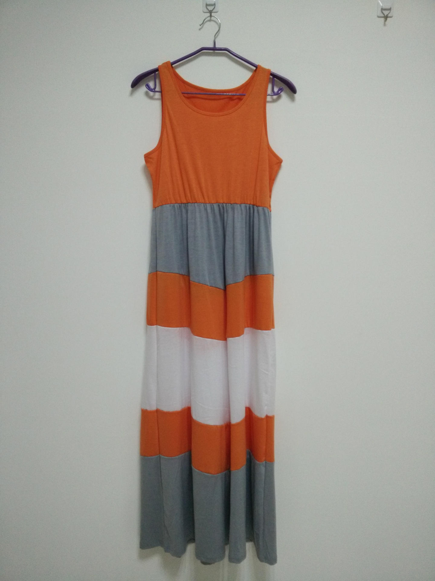 Color Block Orange and Gray Striped Beach Dress Casual Summer Style Lightweight Fabric for Women Wholesale Available