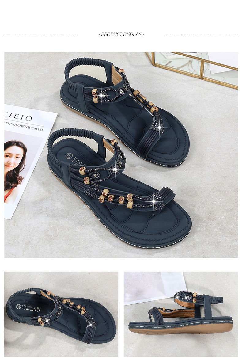 Plus-size women's shoes, Bohemian sandals, retro rhinestone beaded sandals, round-toed flat sandals, and cowhide soft-soled shoes undefined
