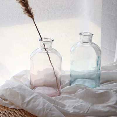 透明玻璃花瓶细口渐变粉色蓝色插花摆件绿植水培植物搭配花瓶