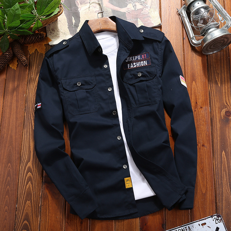 Spring and Autumn Outdoor Pure Cotton Military Men's Long-Sleeve Slim-Fit Shirt Hong Kong Youth Casual Shoulder Badge Shirt Group Purchase Yarn-Dyed Technique