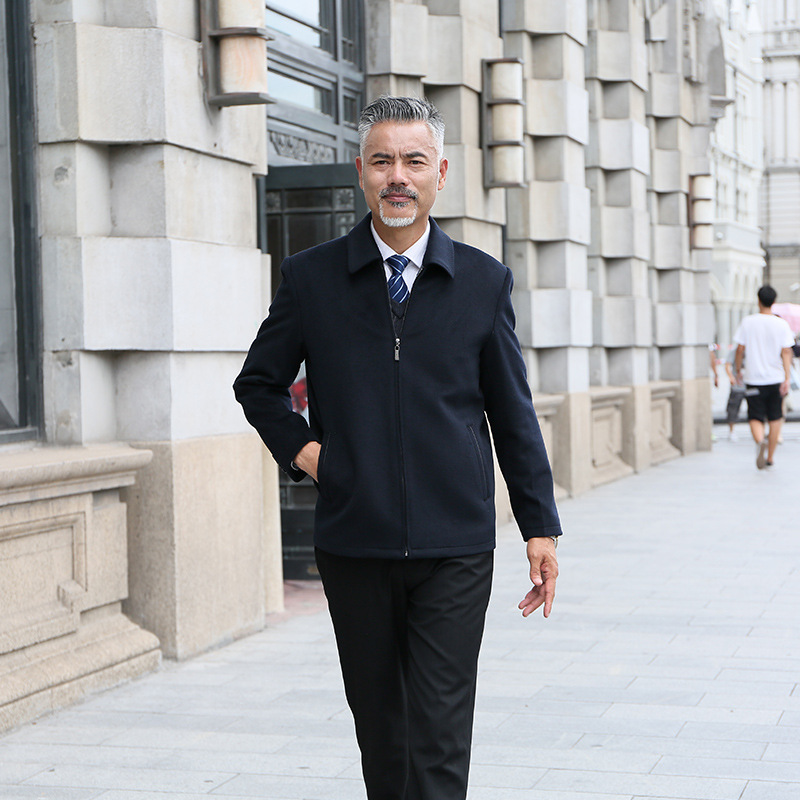 秋冬新款男士羊绒夹克中老年男装休闲翻领夹克毛呢外套男一件代发