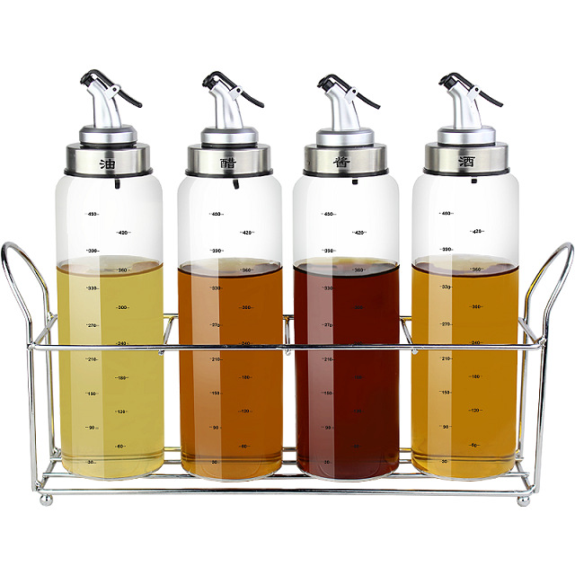 Engrasador de vidrio botella de aceite traje vinagre olla condimento caja condimento tarro hogar suministros de cocina con estante de almacenamiento