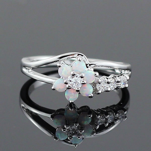 Plating Design Fashion Style White, Pink, Blue Color Fashion Geometric Inlaid Opal Flower Diamond Multi-layer Copper Ring Wholesale