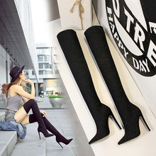 125-2 European and American fashion super high heel slim heel pointed sequins glittering nightclub sexy thin Knee Boots