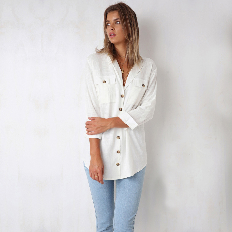 V-neck Button Long Sleeve Shirt Dark Blue