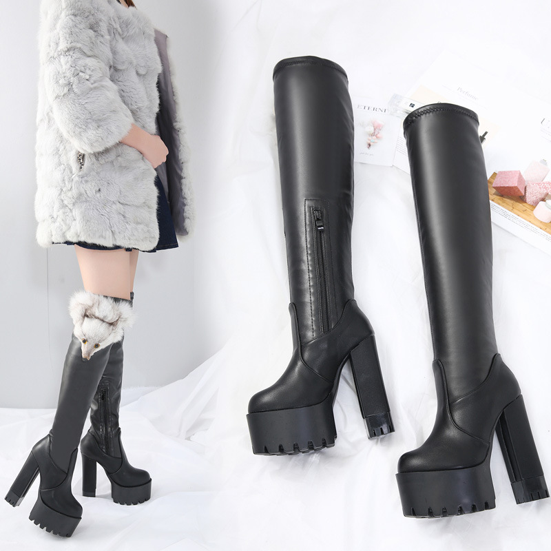 2018新款欧美网红百搭显瘦粗跟防水台超高跟过膝长靴狐狸头14cm