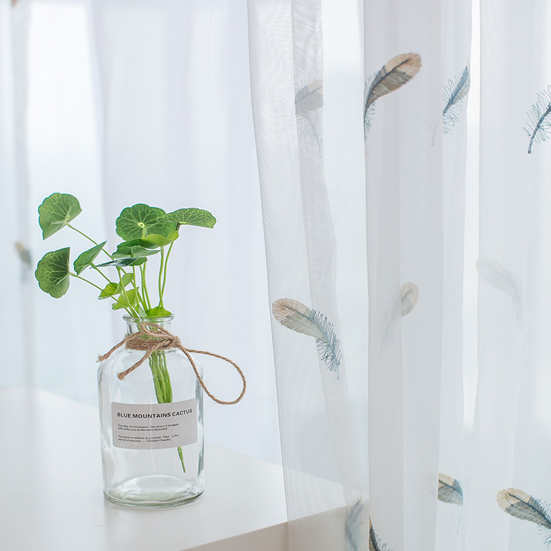 清新羽毛纱帘窗帘刺绣窗纱简约现代落地白色客厅阳台隔断阳台底纱|ru