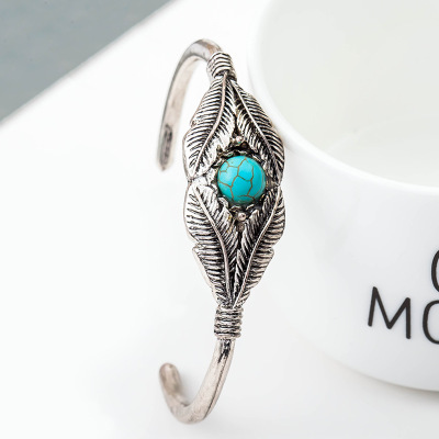 Bracelet Vintage Feather Tree Leaf Bangle Bracelet Inlaid Turquoise Bracelet Wholesale display picture 7