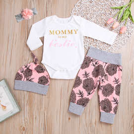 跨境童套装白色长袖字母印花哈衣粉色玫瑰花裤子四件套欧美专供