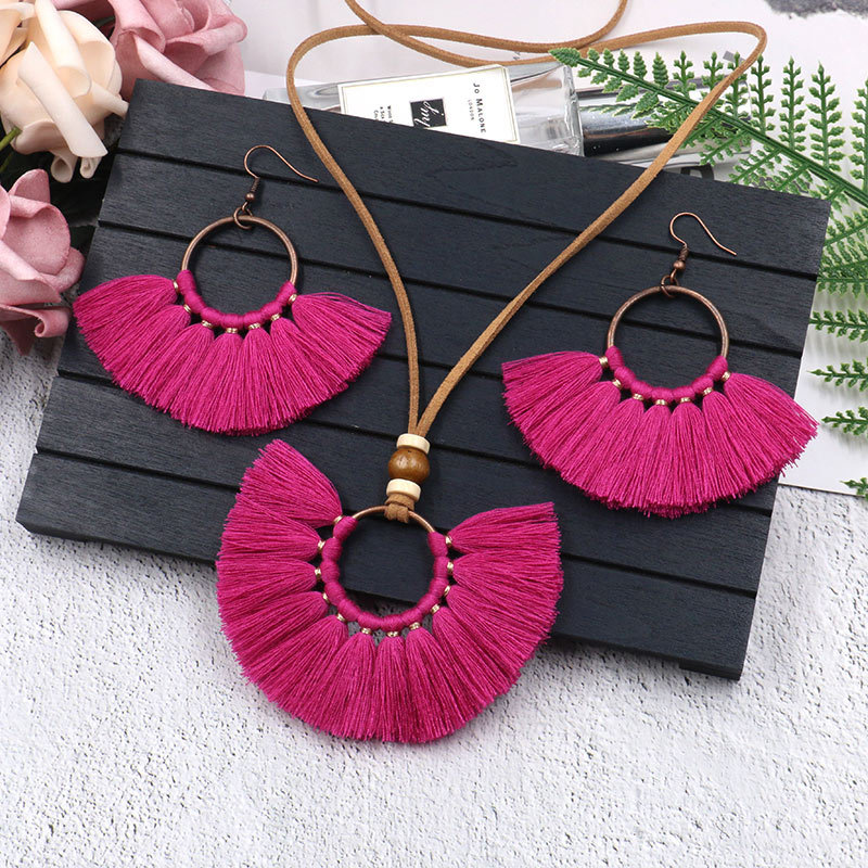 Personalized Fan-Shaped Tassel Earrings Necklace Jewelry Set Fashion Retro Round Jewelry