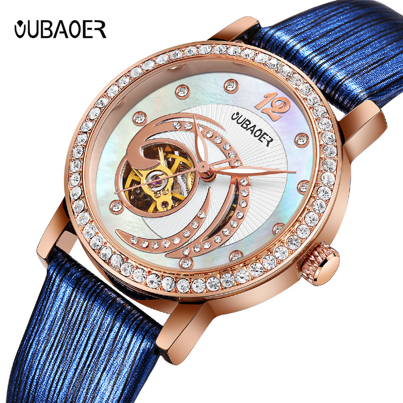 Oubaoer/Oubaoer Fashion Women's Fully Automatic Mechanical Watch Rhinestone Cut Out Luminous Waterproof Women's Watch Recruitment Agent