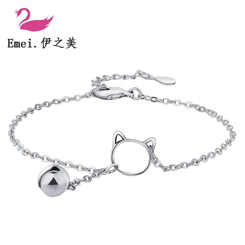 Bracelet (Emei) Cat charm with bell, Korean minimalist silver bracelet, simple student gift