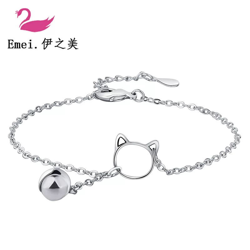 Bracelet (Emei) Cat charm with bell, Korean minimalist silver bracelet, simple student gift